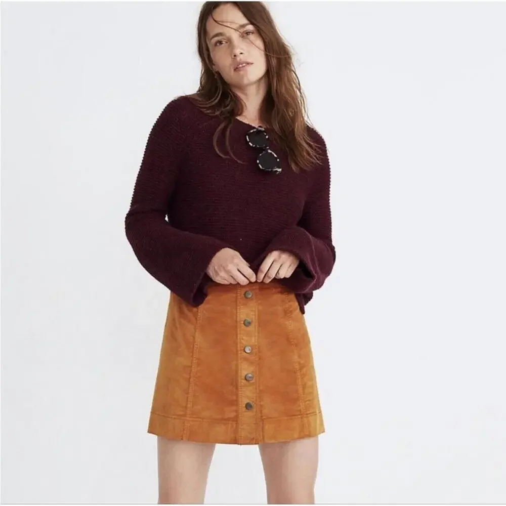 Madewell Velveteen A-Line Mini Skirt Snap Button Front Orange Rust Size 14 NWT - Picture 1 of 6